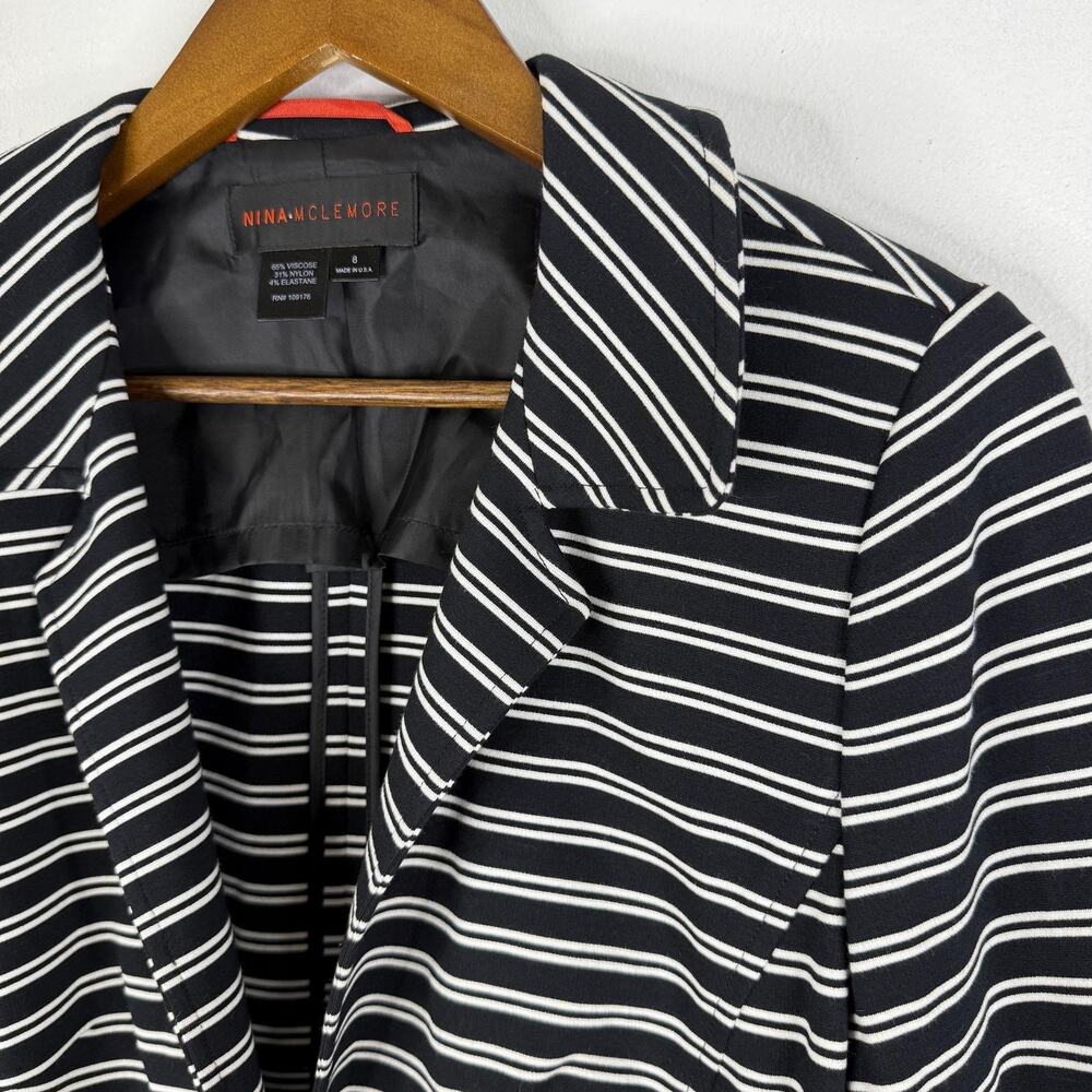 Nina McLemore Blazer Black Striped Womens 8 Open Front Jacket Career